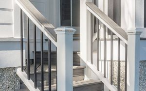 Trex deck railings in island mist in the transcend collection