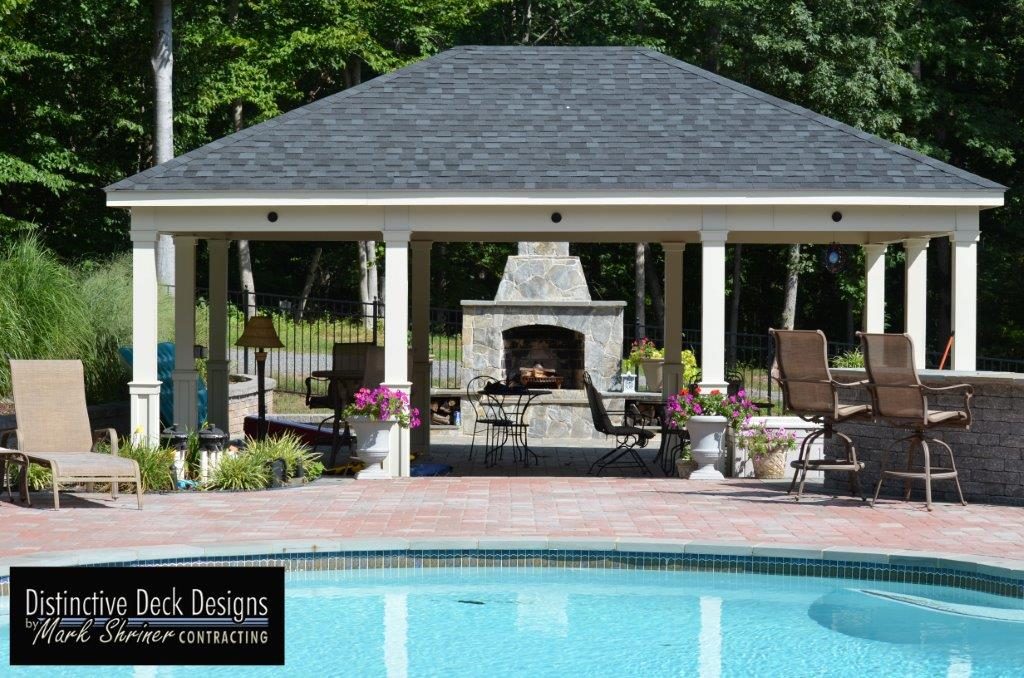 Custom covered patio design by a pool in Northern Virginia