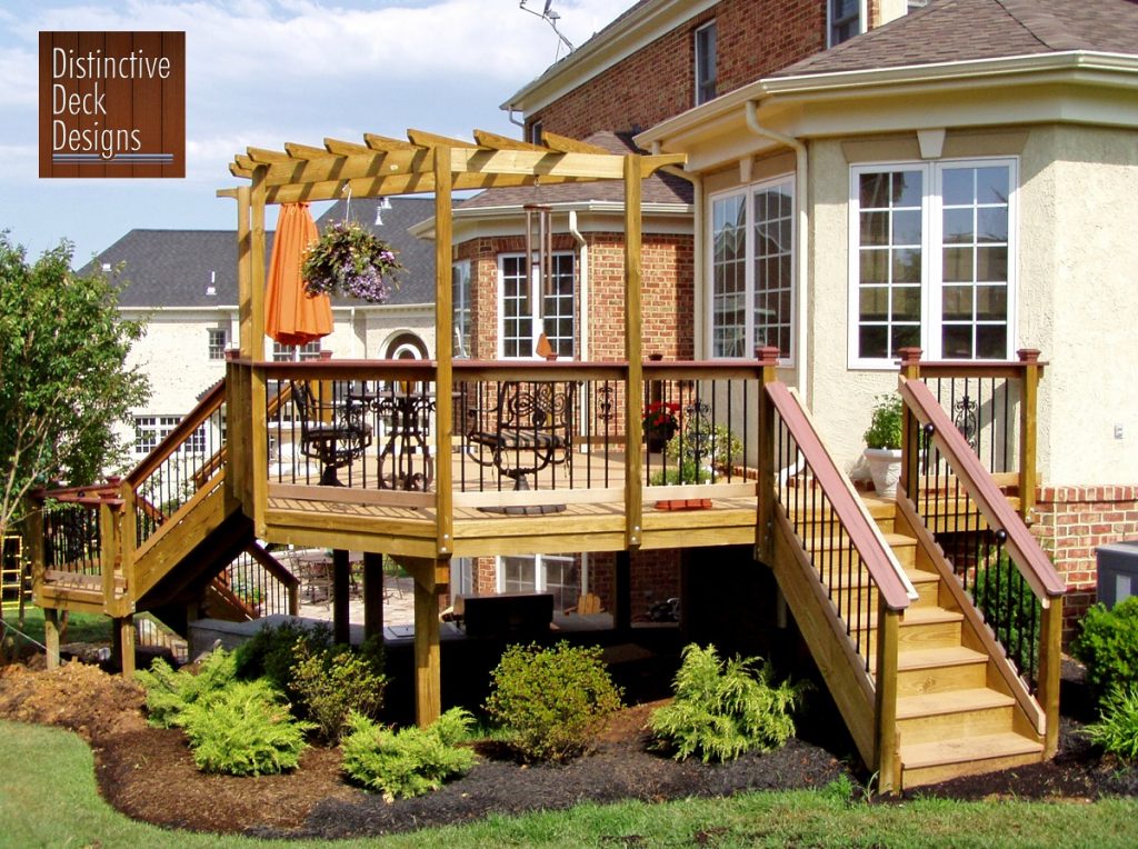 Composite deck surrounded by beautiful landscaping in Fairfax, VA